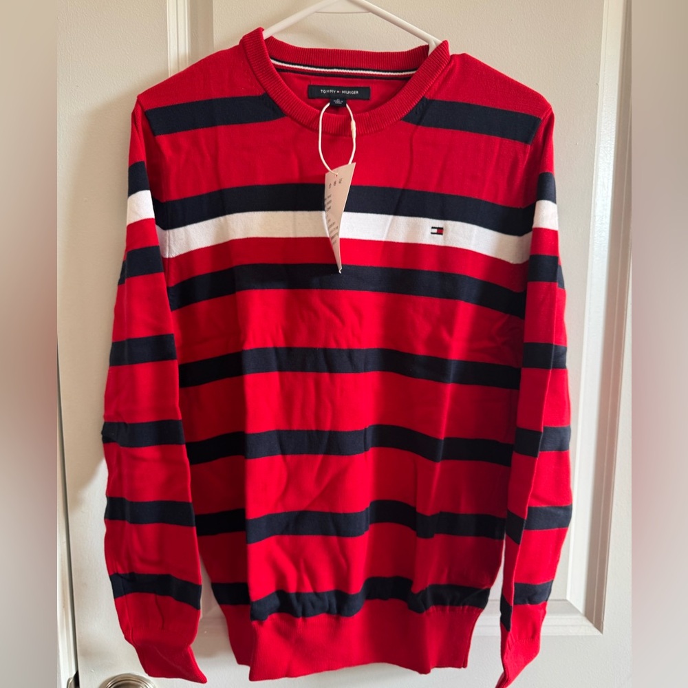Tommy Hilfiger Men's Red and Navy Striped Crewneck Sweater NWT
